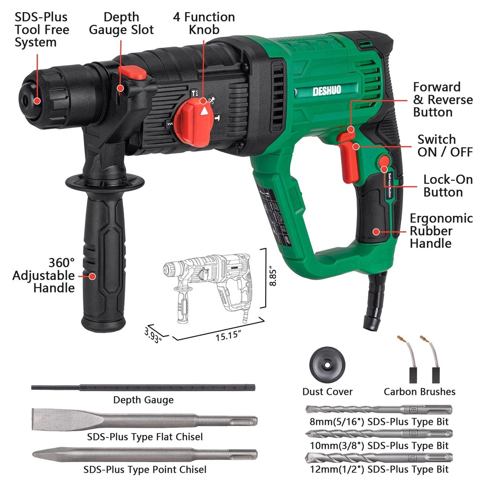 1" SDS-Plus Lightweight Rotary Hammer Drill, 9 Amp 4 Functions Corded Variabl...