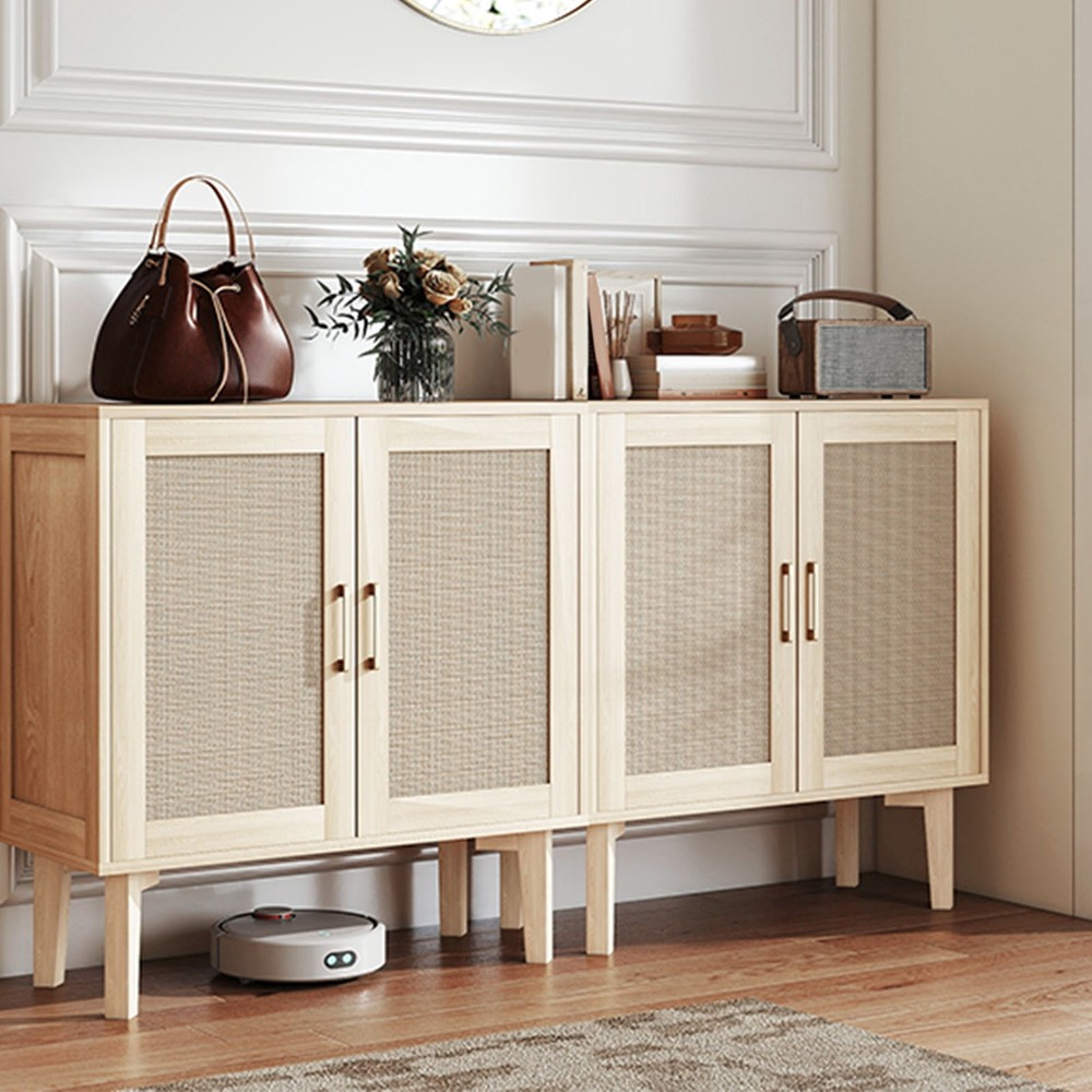 Buffet Cabinet With Rattan Decor Doors Solid Wood Feet Multifunctional PHPF