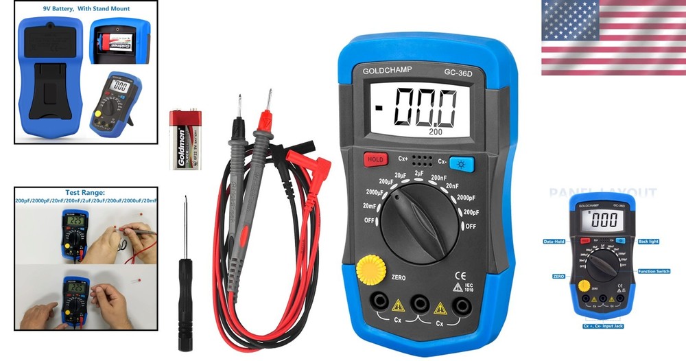 High Precision Capacitor Tester Multimeter 200pF-20mF with LCD Display & Manual