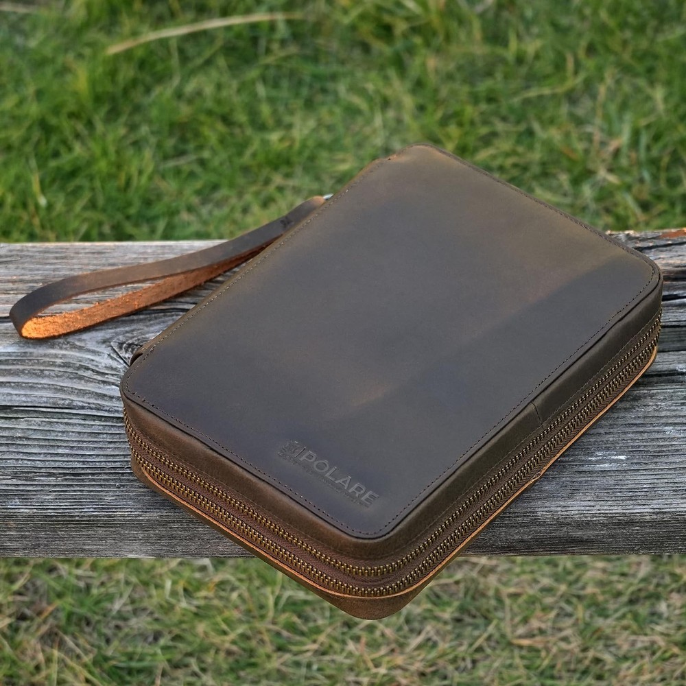 Double Layer Leather Travel Cable Organizer Bag for Electronics Storage