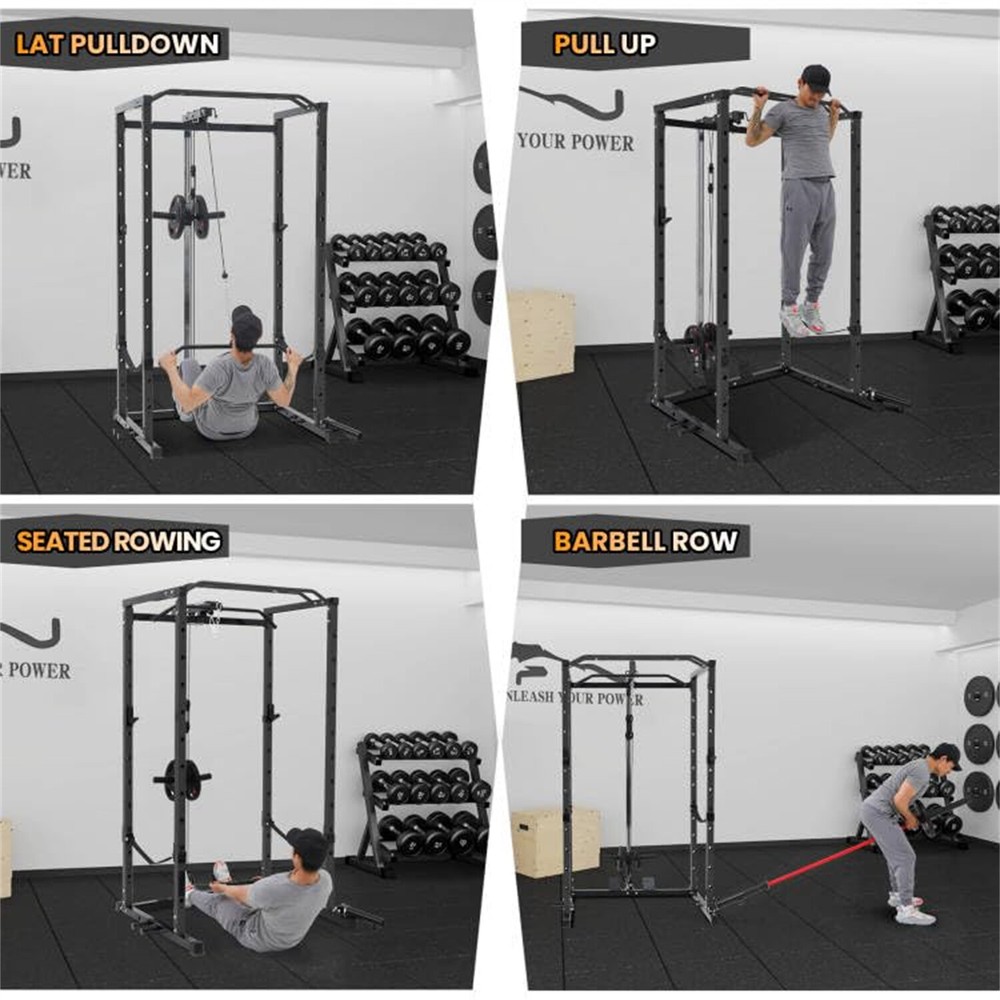 1600LBS Power Cage with LAT Pulldown Multi-Functional Power Rack with J-Hooks
