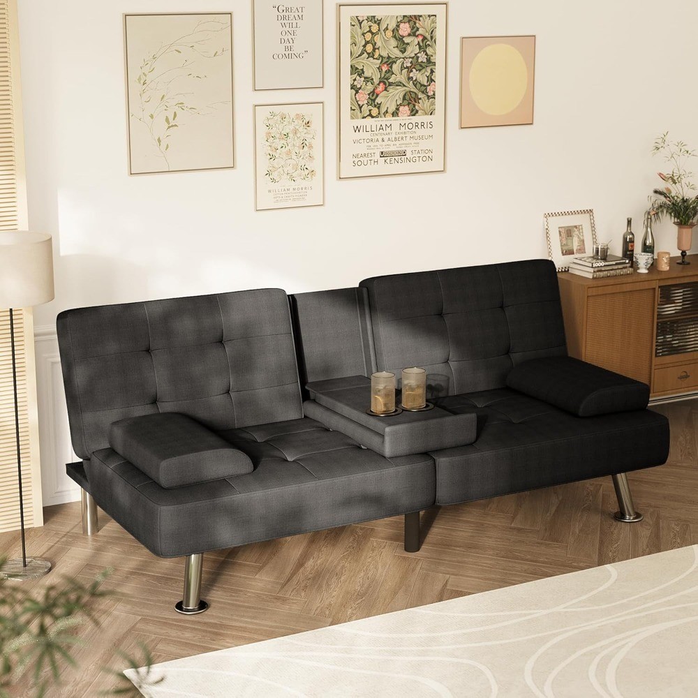 Futon Sofa Bed with Removable Armrests, Adjustable Recliner Sleeper Couch with