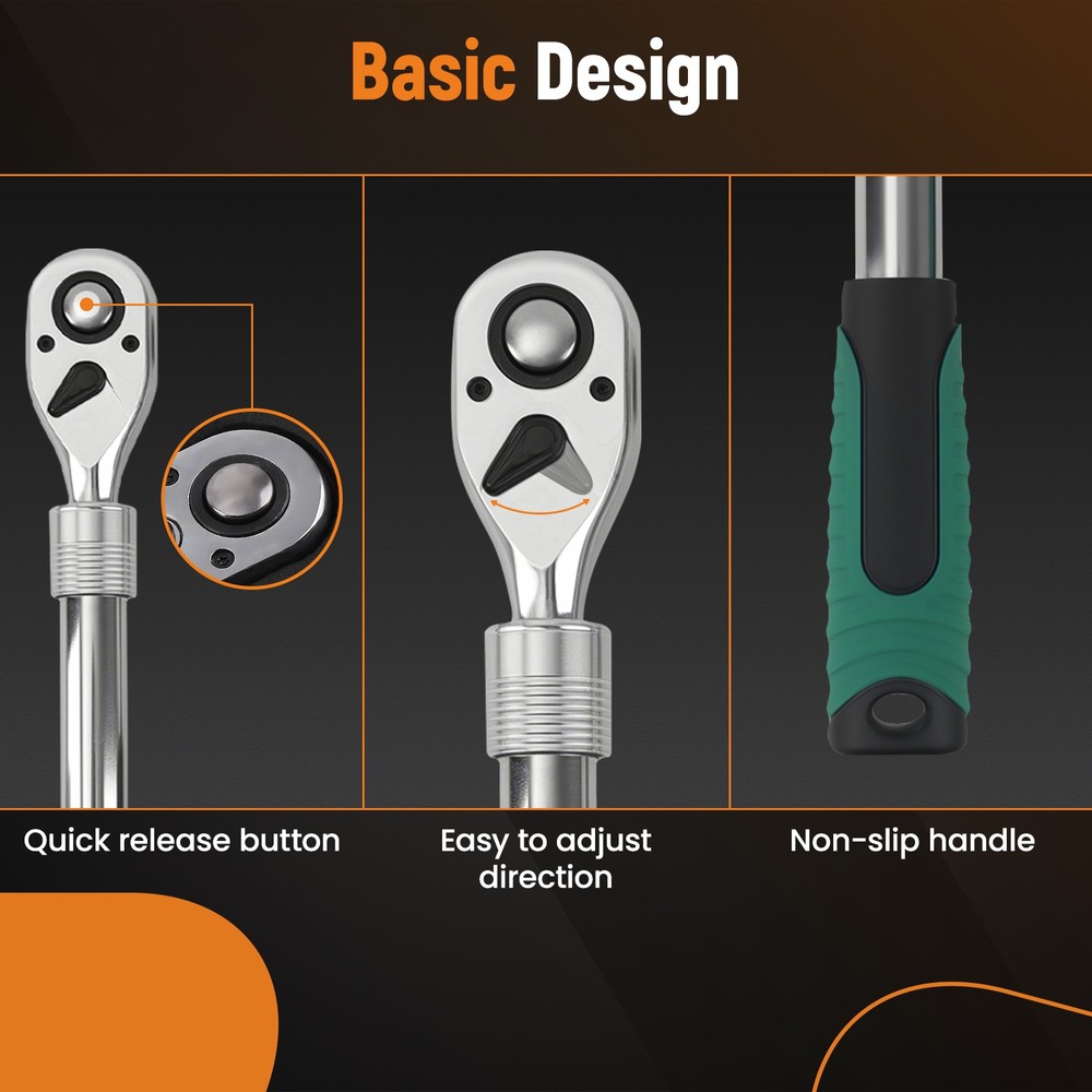 Professional Socket Wrench Set 3PC Extendable Handle 72-Tooth Mechanic Tools