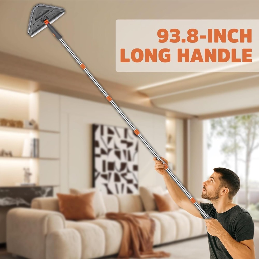 Wall Cleaner Mop with 94" Long Handle, 2-in-1 Triangle & Rectangle Head