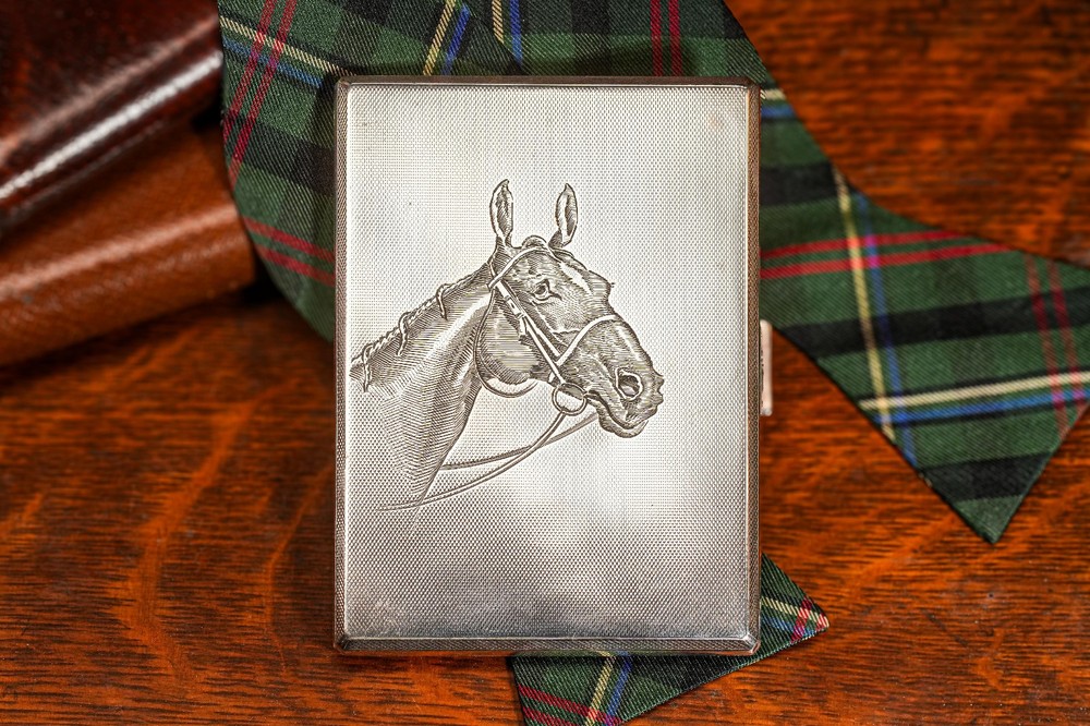 Engraved Horse Engine Turned Antique Sterling Silver Cigarette Card Case