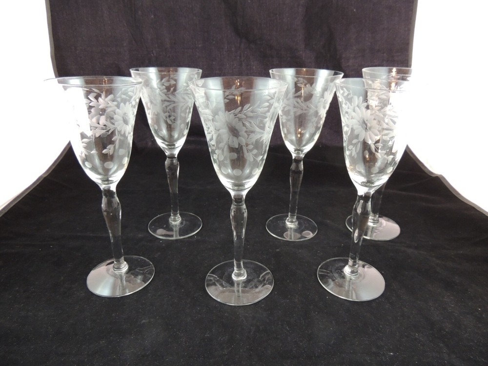 Unknown maker Water Goblet Etched Glass Optic Floral Etched