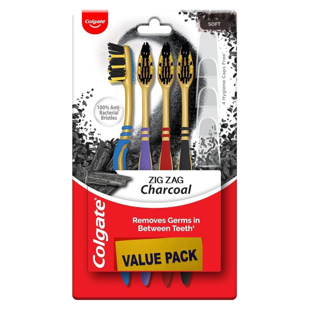 Colgate Zig Zag Charcoal Toothbrush with Cover Soft Bristle Value Pack 4 Count