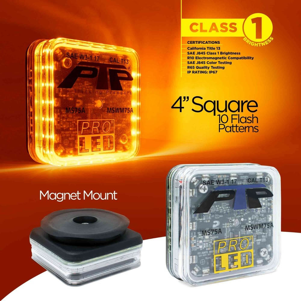4" Square Magnet Mounted LED Warning Light With 10 Selectable Flash Patterns