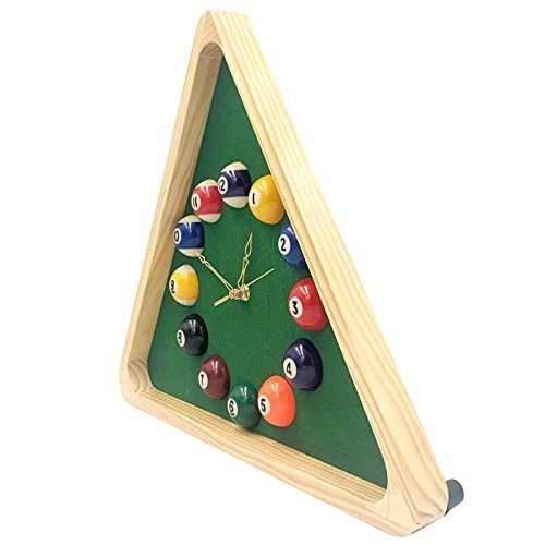 14-Inch Triangle Pool Table Wall Clock - Billiards Room Decor, Solid Wood Frame