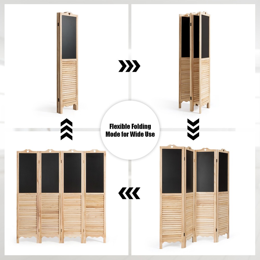 4-Panel Folding Privacy Room Divider Screen W/ Chalkboard 5.7 Ft Tall Natural