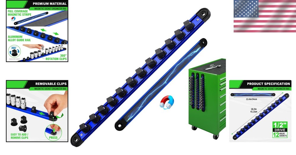 Blue 1/2-Inch Socket Organizer Rail – Durable Magnetic Holdings & Smart Clips