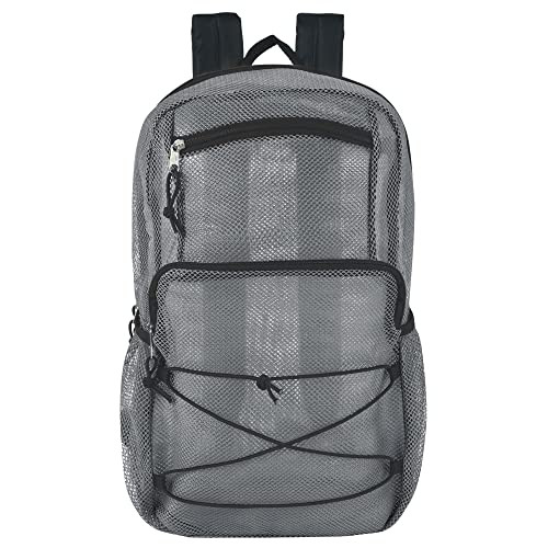 Deluxe See Through Mesh Backpack with Bungee Cord & Adjustable Padded Grey