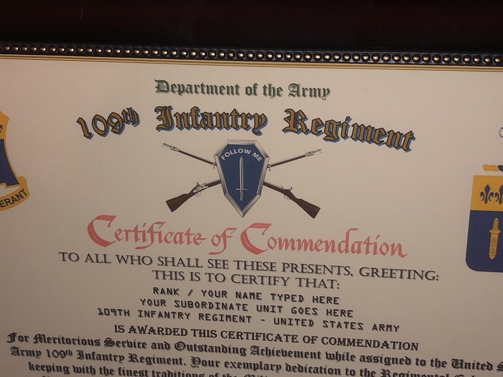 109TH INFANTRY REGIMENT / COMMEMORATIVE - CERTIFICATE OF COMMENDATION