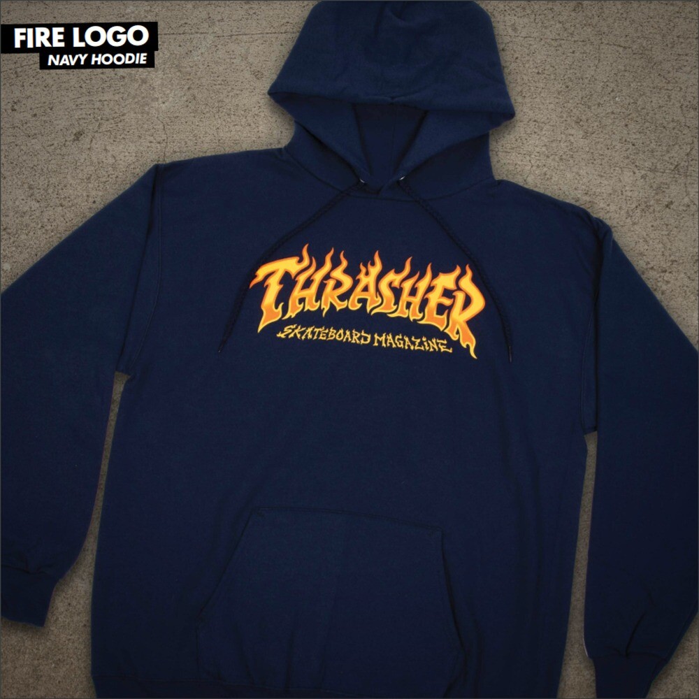 Thrasher Magazine FIRE LOGO PULLOVER Skateboard Hoodie NAVY MEDIUM