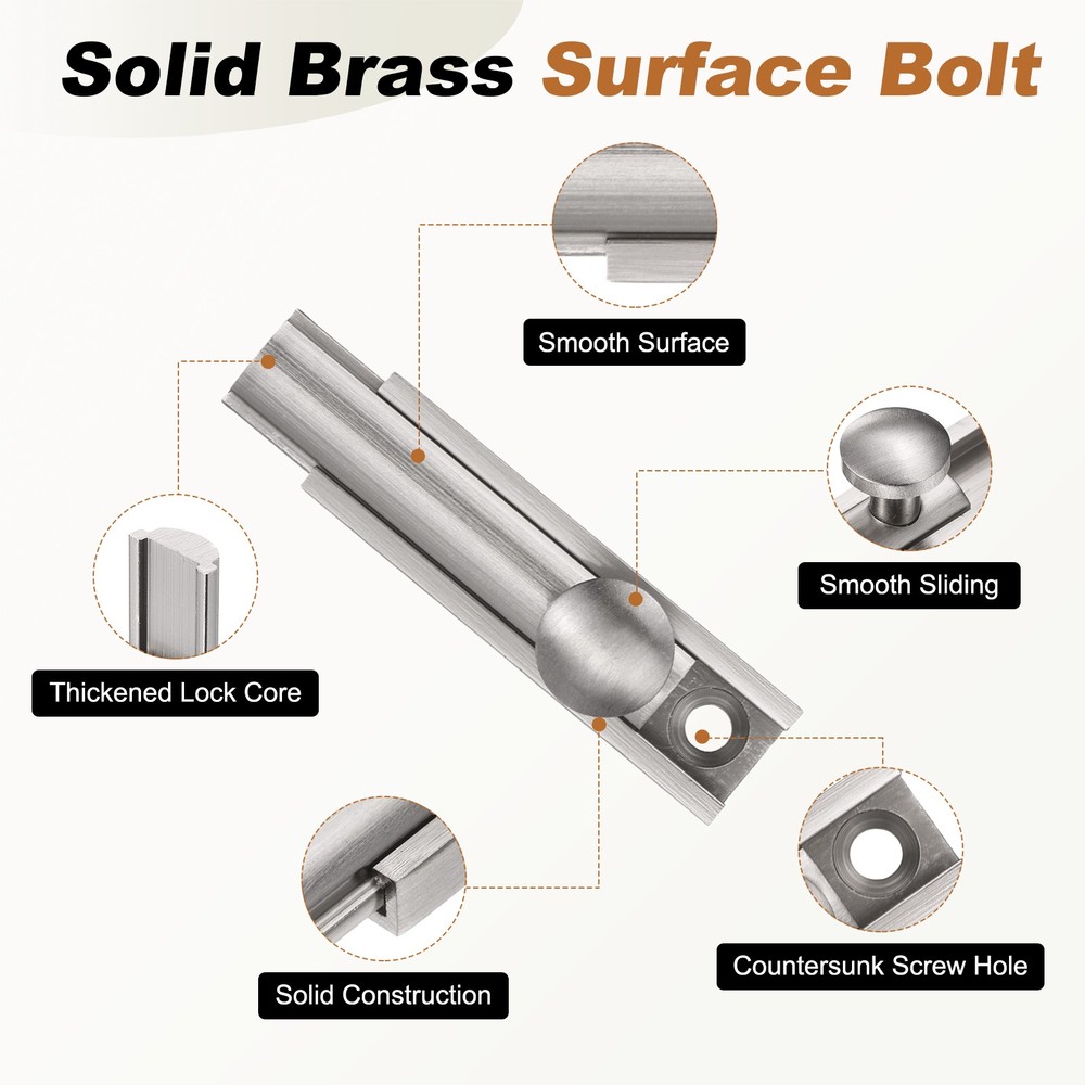 4" Solid Brass Surface Bolt, Brushed Slide Latch Door Lock, Silver