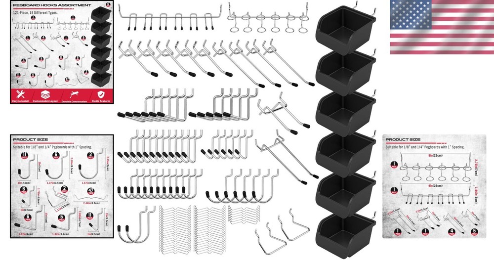 Efficient 121-Piece Pegboard Set with 13 Hook Types and Rust-Resistant Finish