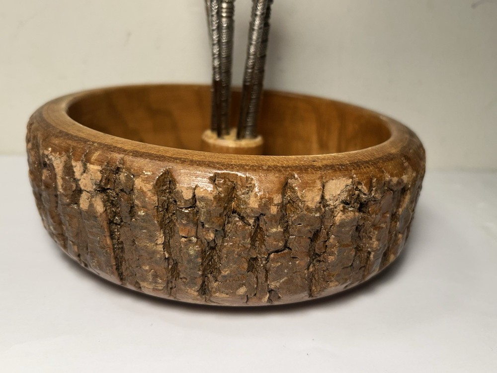 Vintage Nut Bowl With Live Edge Includes Nut Cracker & 2 Picks Eagle Accent