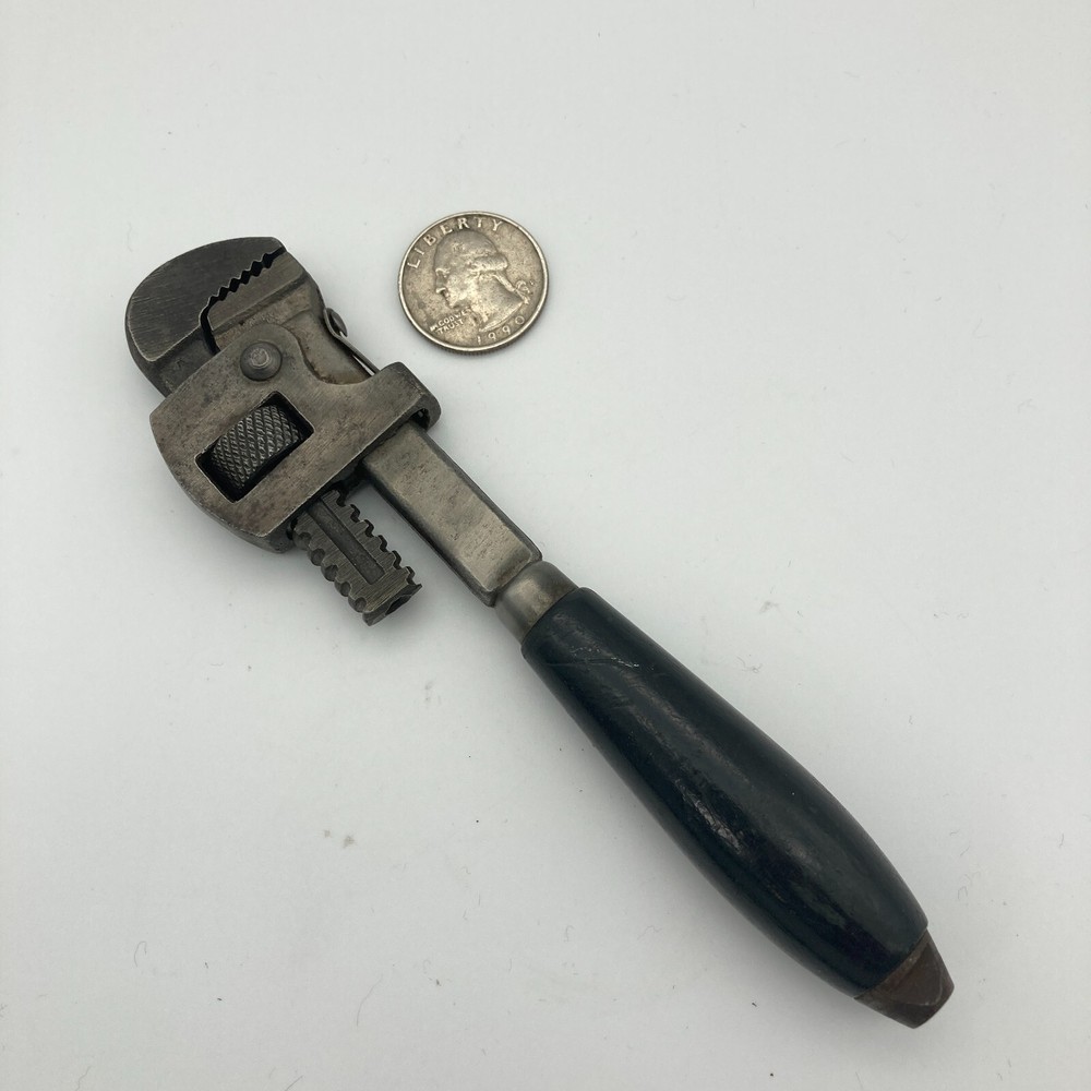 Antique Black Wood Handle Small Size 6" Long Adjustable Pipe Monkey Wrench Tool