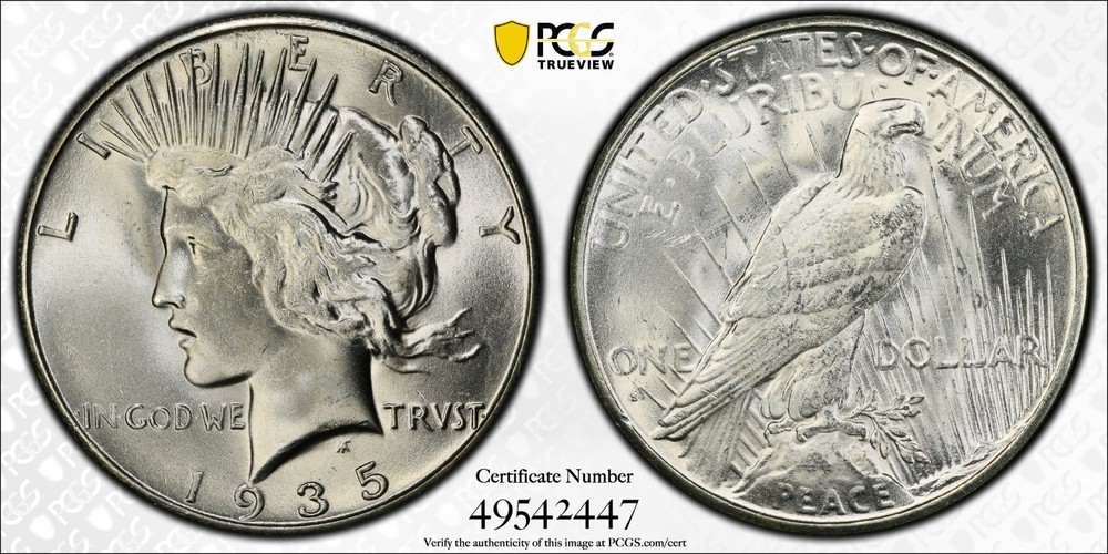 1935-S Peace Silver Dollar PCGS MS64+ MS-64+ CAC - Blast White!