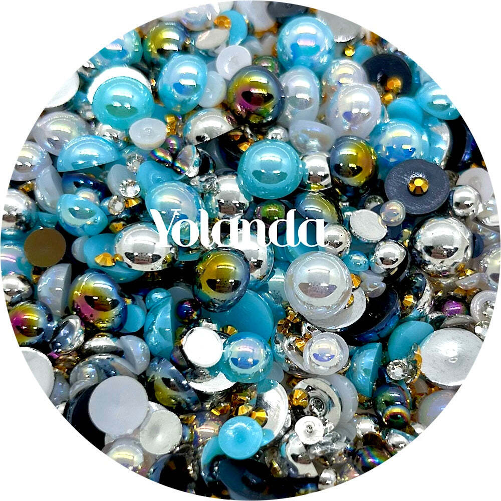 Flat Back Non-Hot Fix Pearls - Blue Black Mix