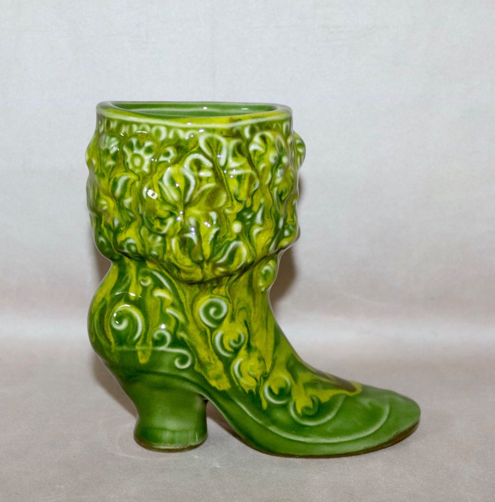 Green & Yellow Glazed Victorian Boot 5.5” Ceramic Planter ~ Vase