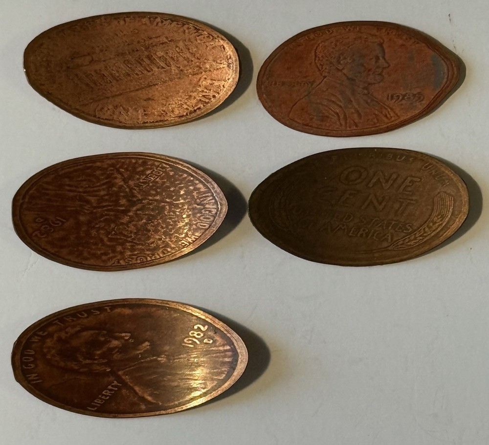 Five Smashed Elongated Copper Pennies with Five Different Sayings, #26
