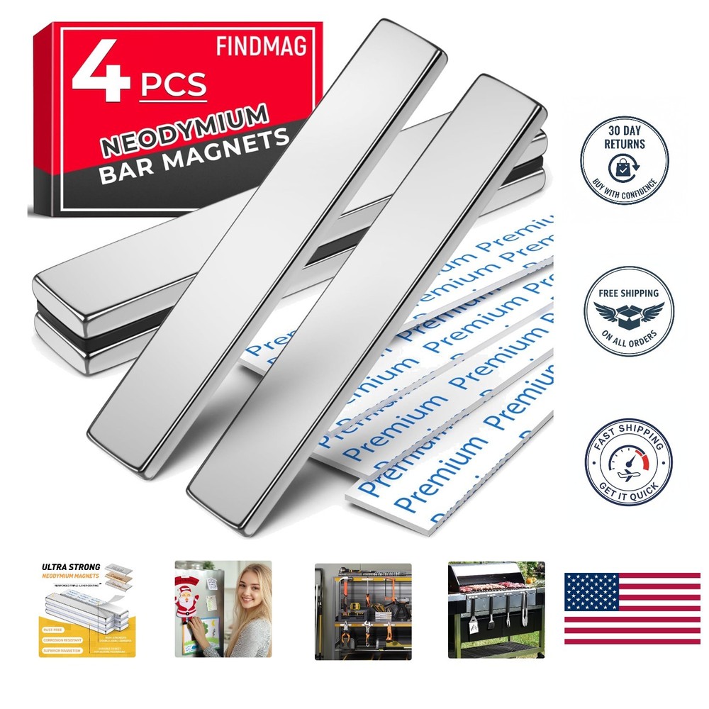 Versatile 4 Pack Neodymium Bar Magnets - Strong Hold & Adhesive for DIY Projects