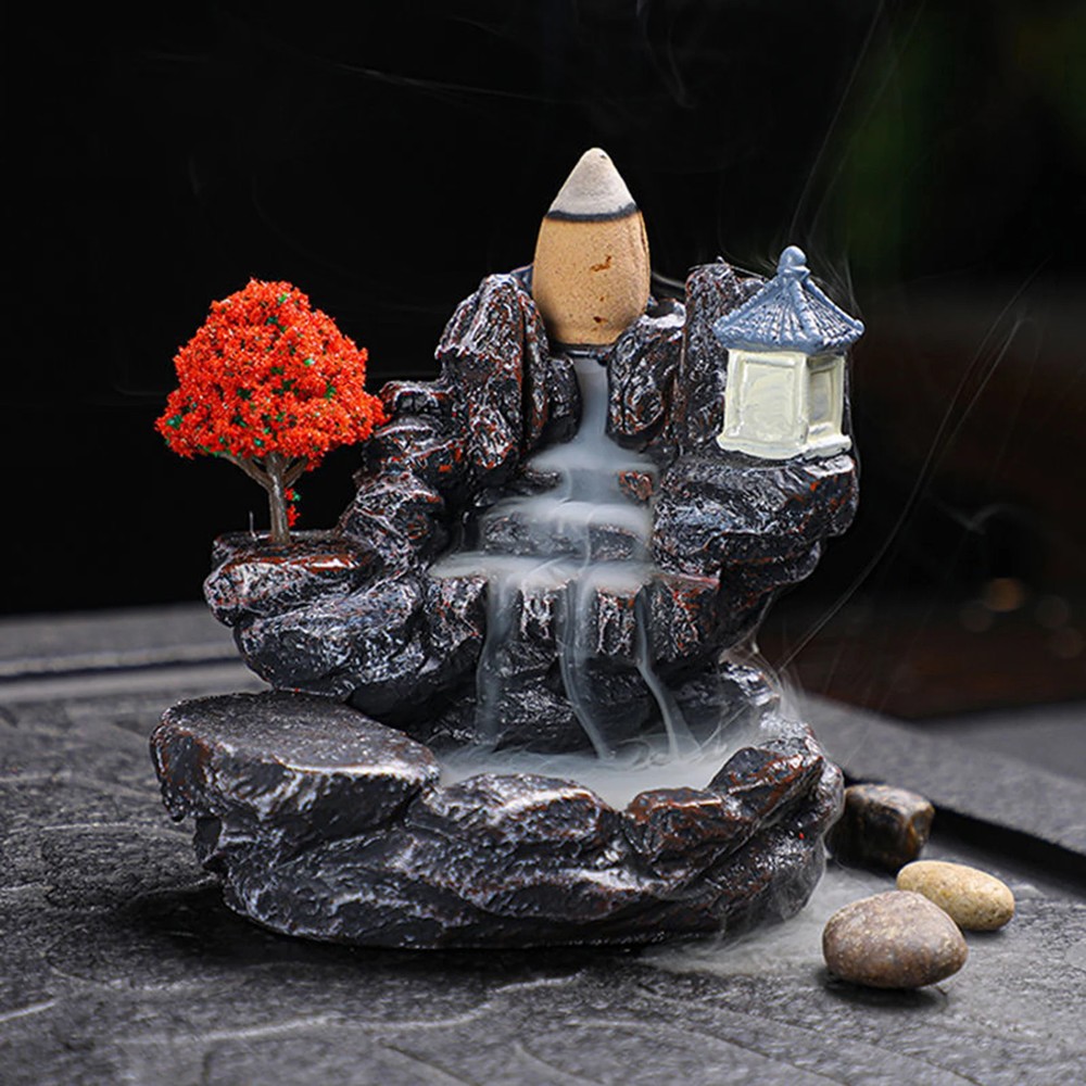 **Resin Backflow Incense Burner Waterfall Mountain River Aromatherapy Holder**