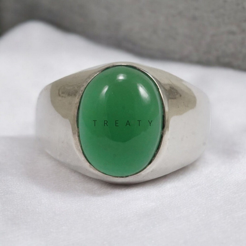 Jade Oval Cut Gemstone With 14K Solid White Gold Ring For Men's #992