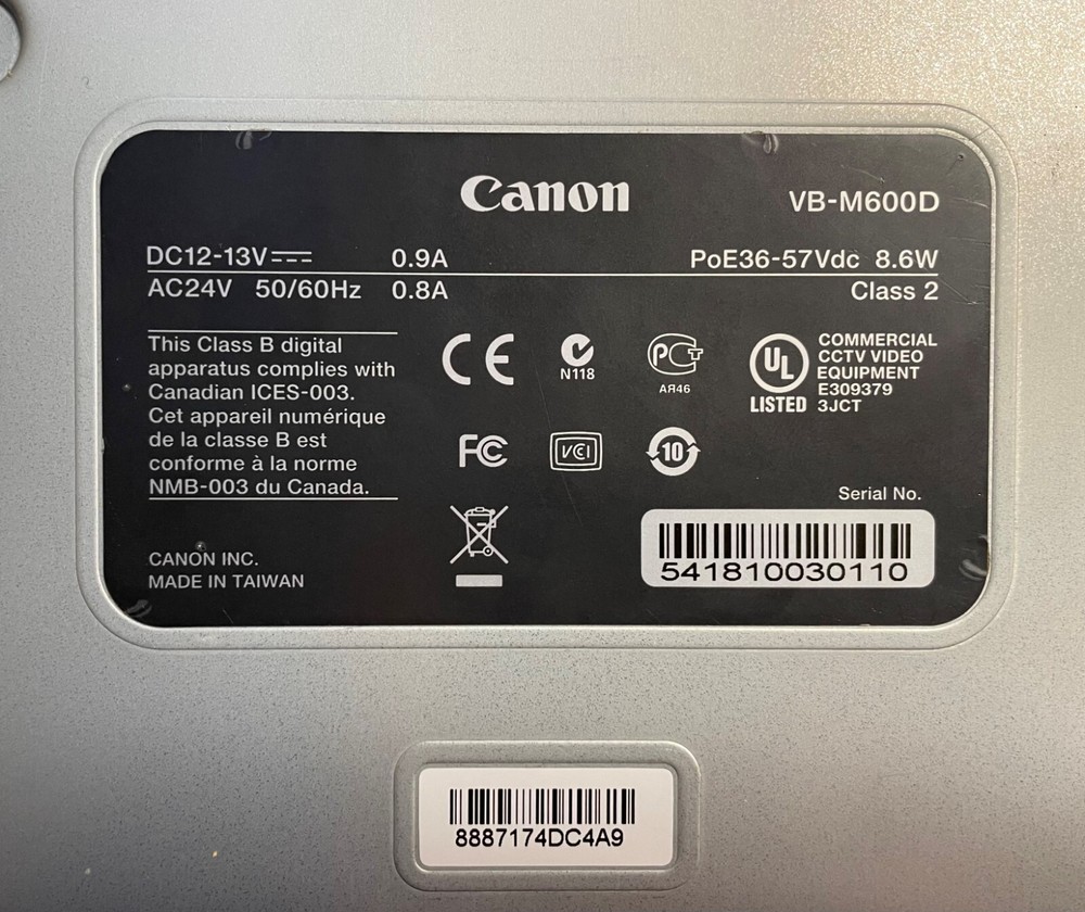 Canon VB-M600D Fixed Network Dome Camera 350° Pan / 150° Tilt 3x Optical Zoom