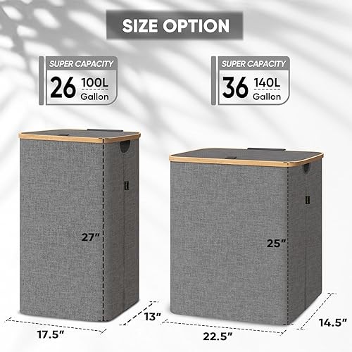 Laundry Hamper with Lid, Tall Laundry Baskets with Bamboo Pull 100 liters Grey