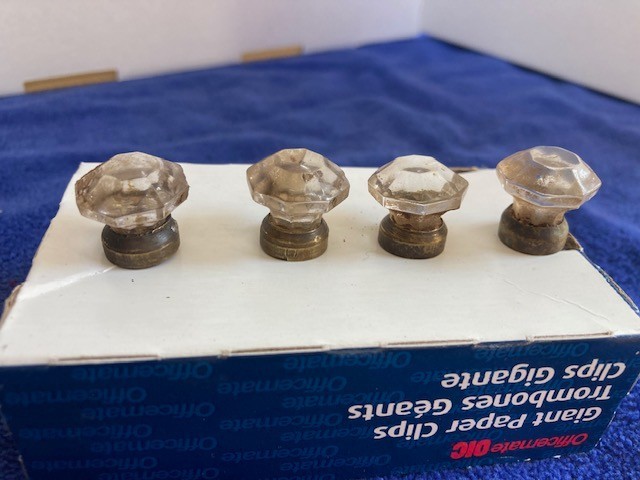 4 Sm Vintage Faceted Glass & Brass Drawer Cabinet Pulls Knobs