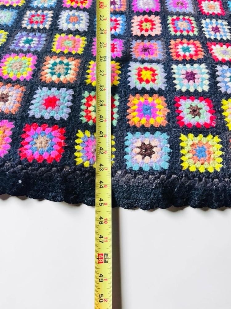 Crochet Granny Square Blanket 68x45 Black Multicolor Boho Throw