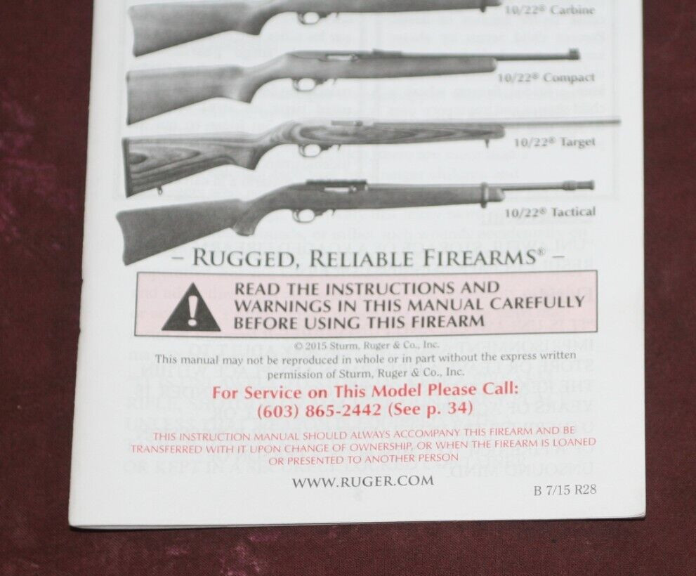 2015 Ruger 10/22 Autoloading Riles Instruction Manual
