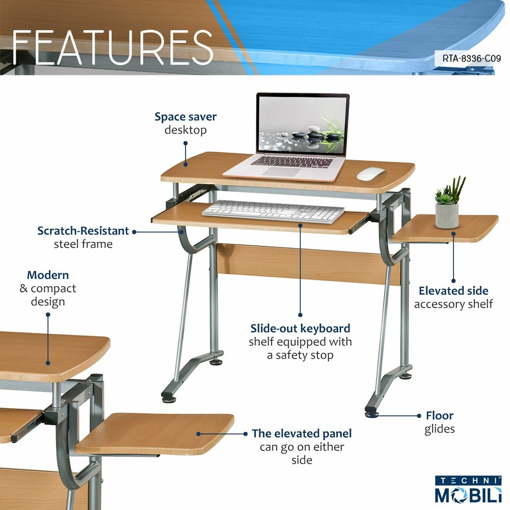Compact Computer Desk with Pullout Keyboard Tray in Laminated Cherry Finish
