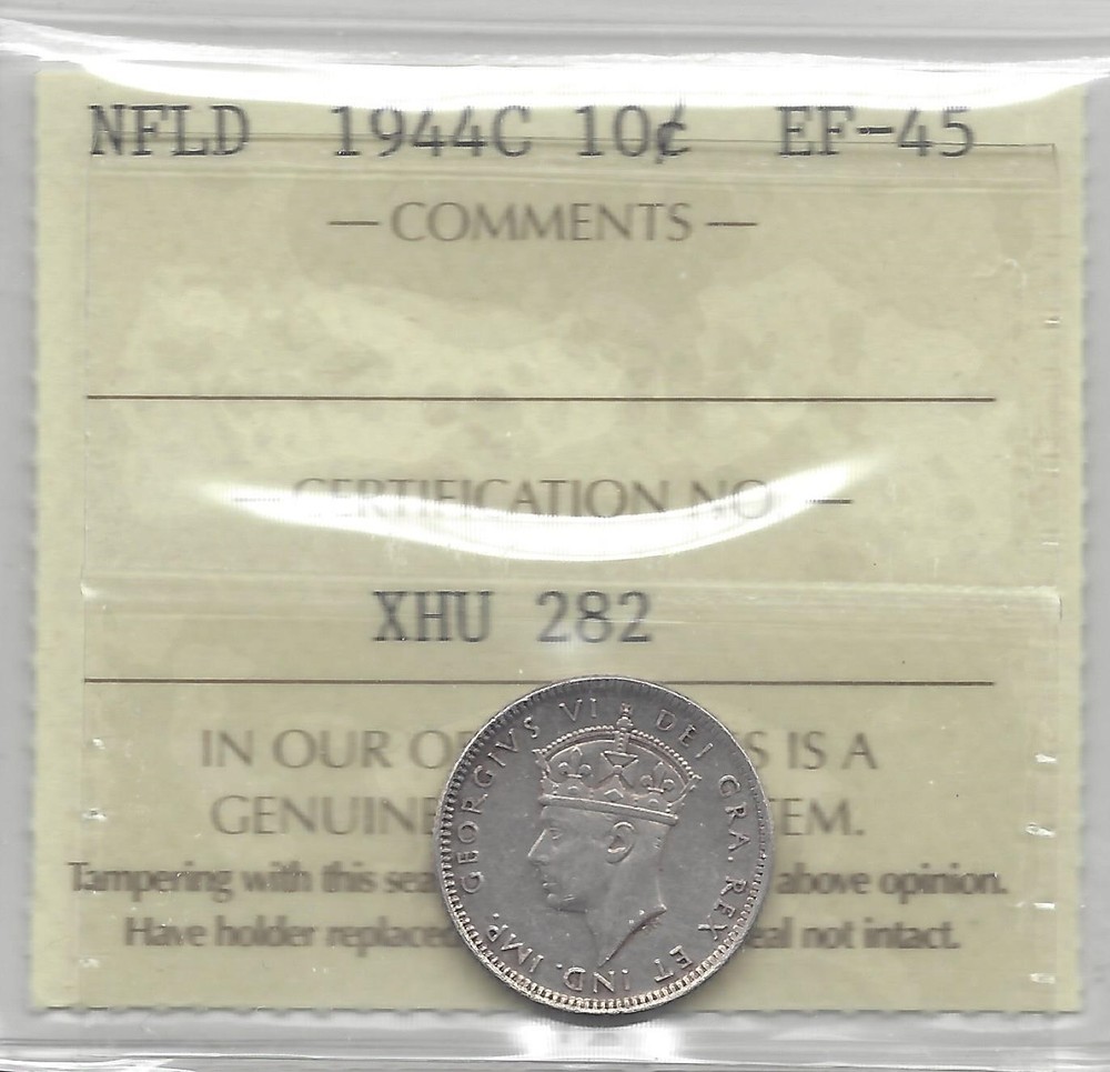 1944c  ICCS Graded Newfoundland, Ten Cent **EF-45**