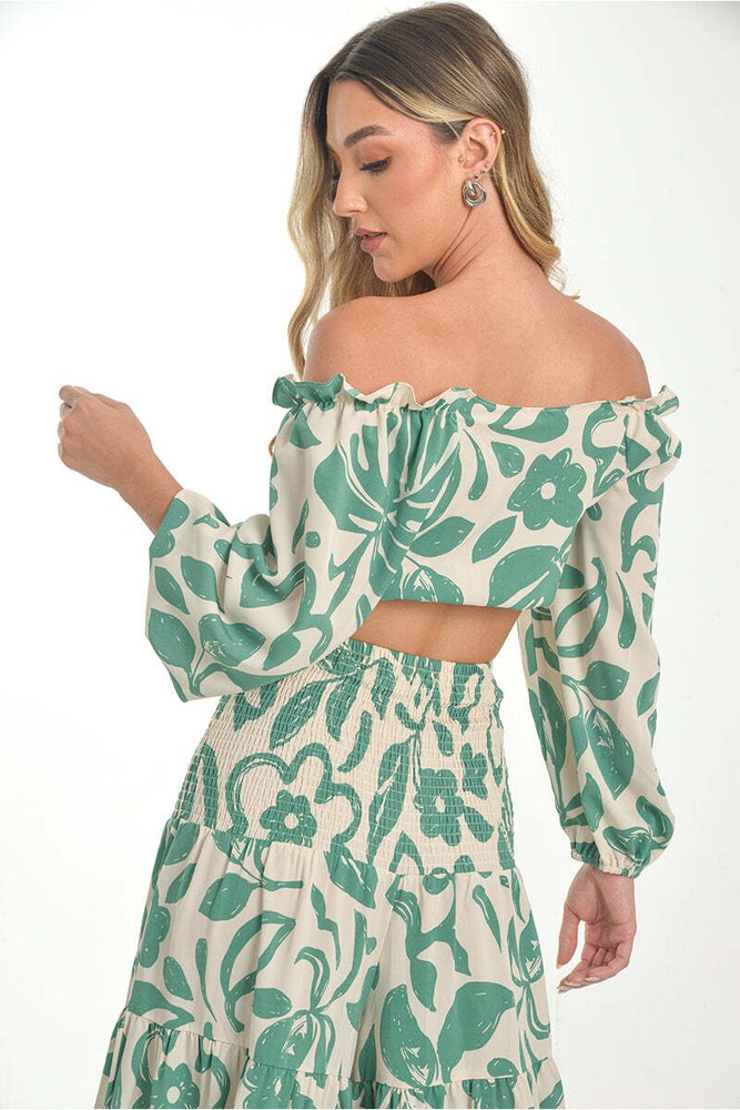 Green and White Off-Shoulder Set