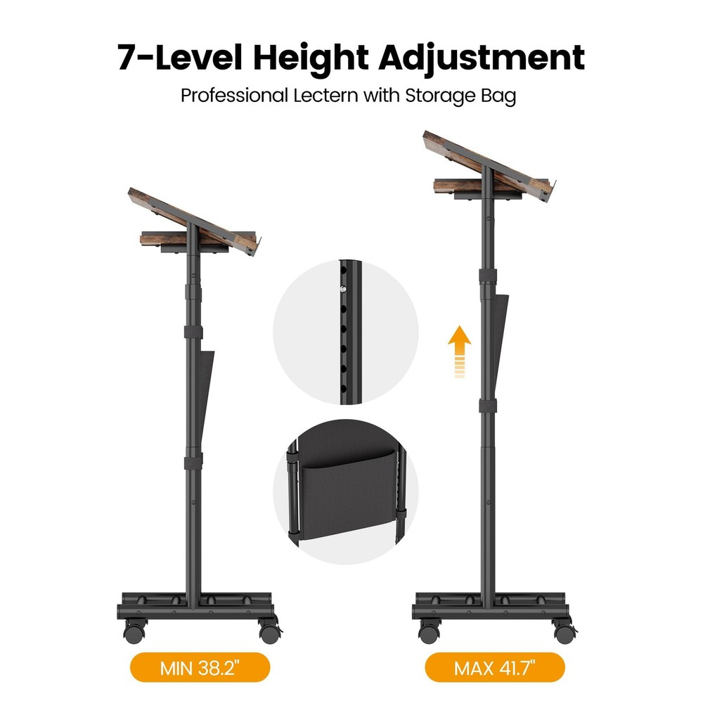 Mobile Standing Desk Podium, Height Adjustable Rolling Lectern with 360° Whee...