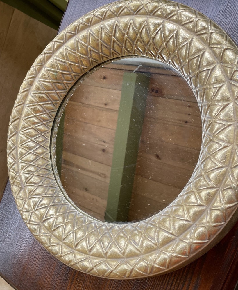 Medium 14.5” Circle Mirror Heavy Goldtone Painted Frame