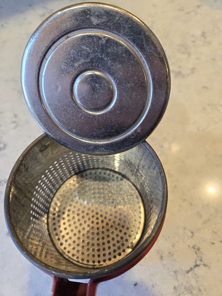 Vintage Red Handy Things Potato Ricer , Fruit Press, Masher, Handle