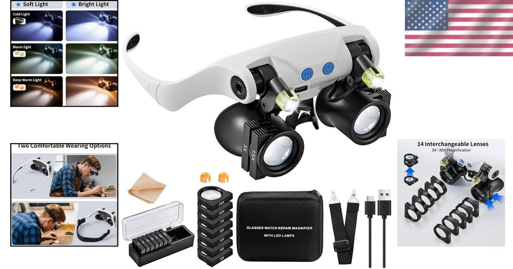LED Lighted Magnifying Glasses with 14 Interchangeable Lenses for Precision Work