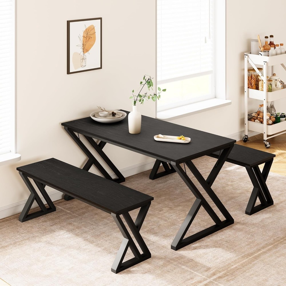 Kitchen Room Table Set with Benches 55.1" Dining Table Set for 4 People