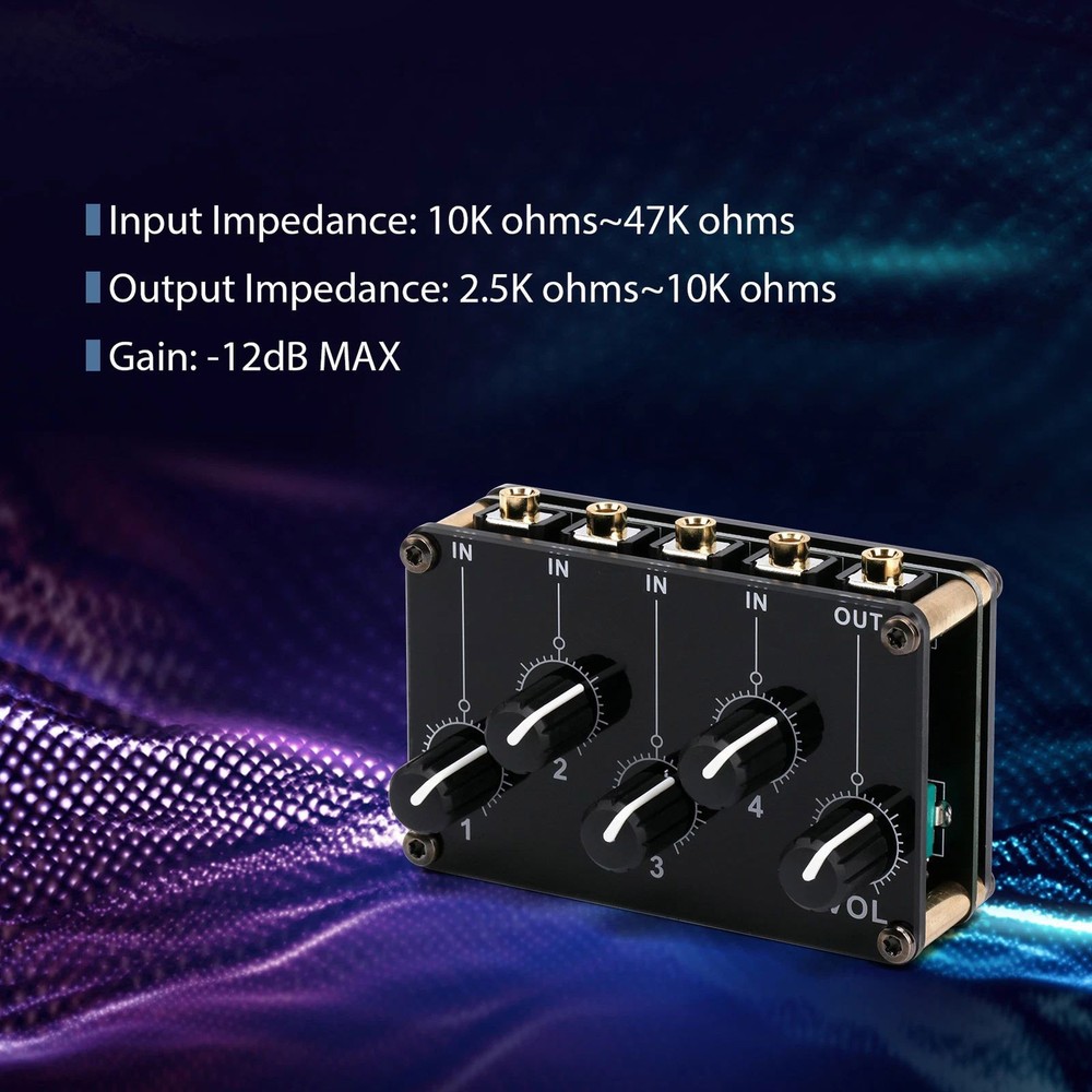 Stereo Audio Mixer With 4x 3.5mm input interfaces and 1x 3.5mm output interface