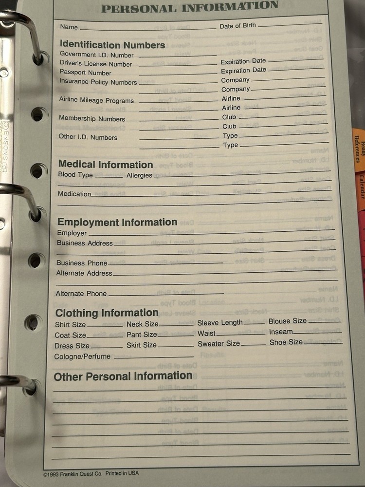 1990s Franklin Quest Planner 3 Ring Binder With Pages