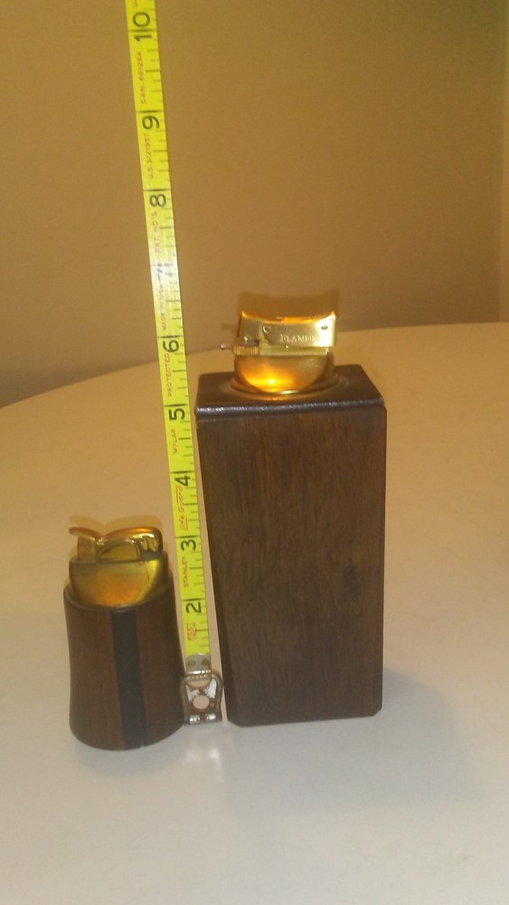 MODERNIST MCM TABLE LIGHTER PAIR WOOD LEATHER TEAK WALNUT