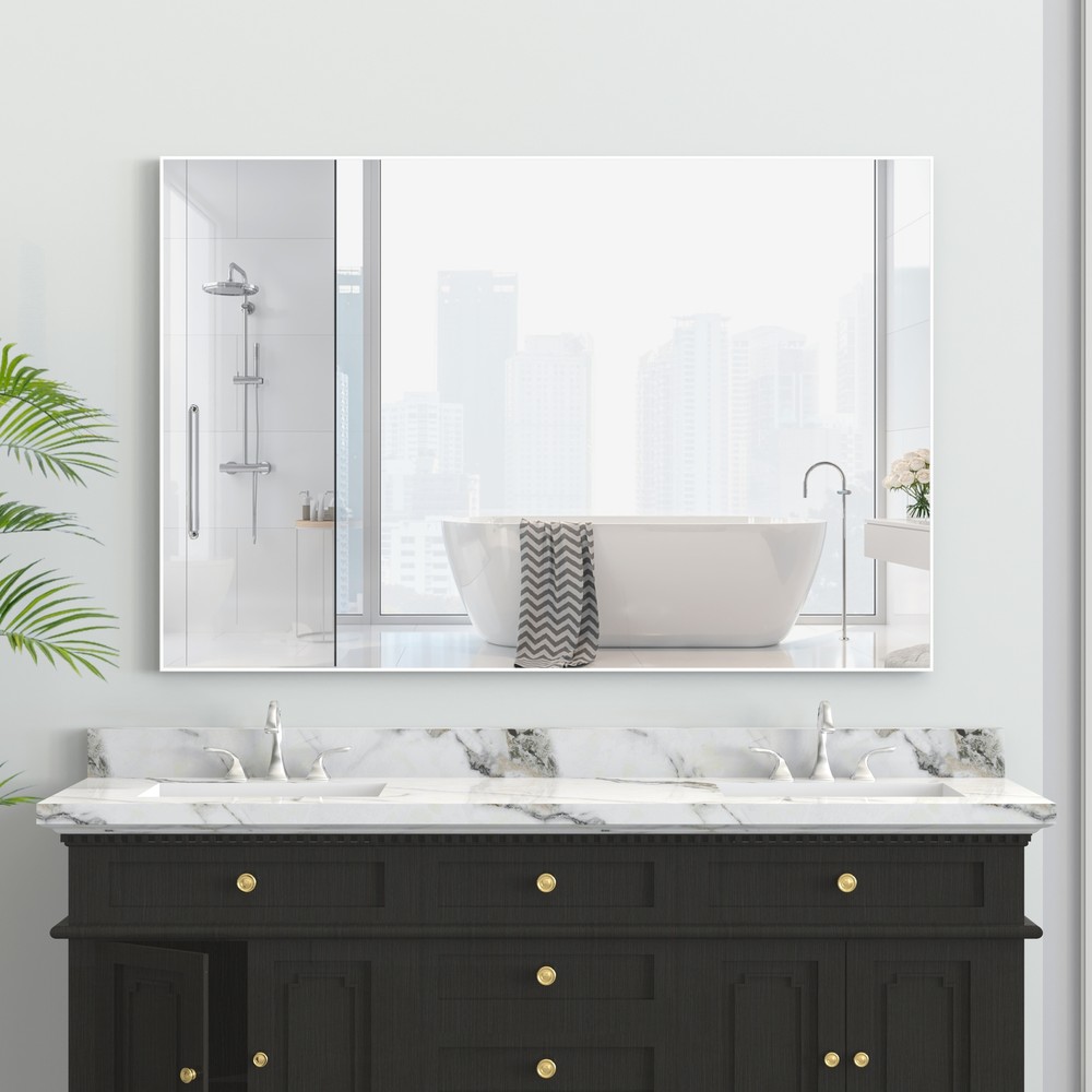 48"x32"Rectangle Bathroom Mirror Wall Vanity Hanging Mirror White Aluminum Frame