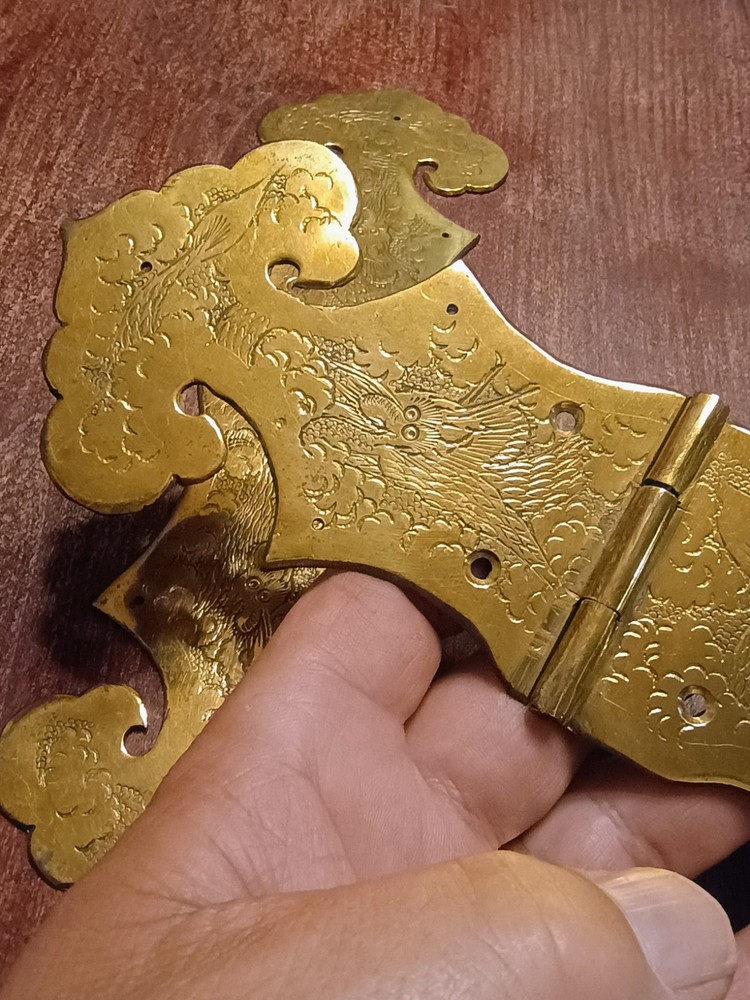 Antique Solid Brass Fire Breathing Dragons Treasure Chest Trunk Hinges 9.5" X3"