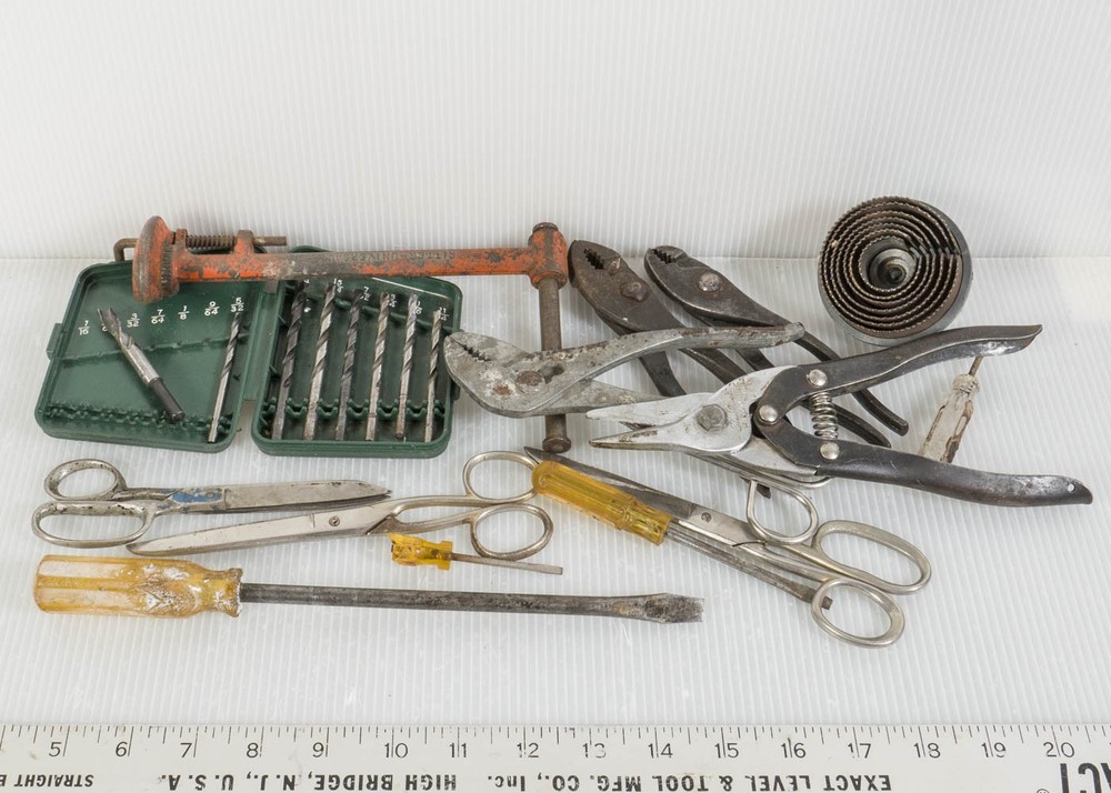 Large Mixed Lot Hand Tools Assortment Pipe Wrench Pliers Screwdrivers Drill Bits