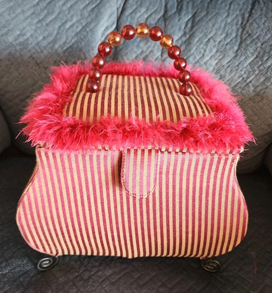 Funky Ecclectic Handbag Shaped Sewing Storage Trunk Red Footed Beaded Handle