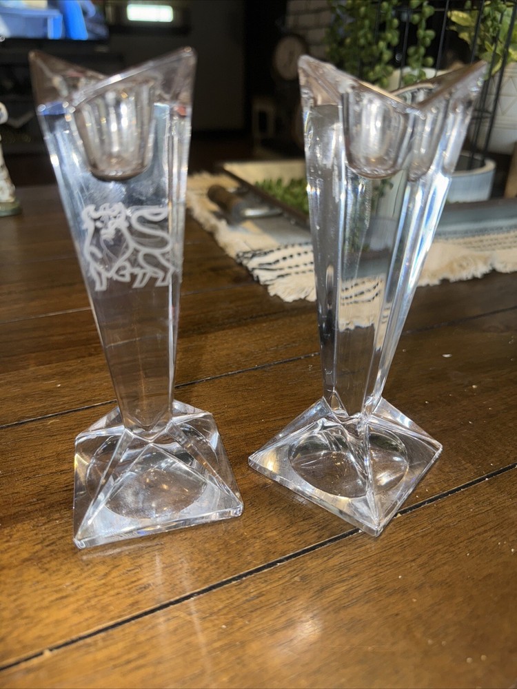 Rosenthal Maddison Austrian Crystal Candlestick Set Etched Matador Bull 5 3/4”